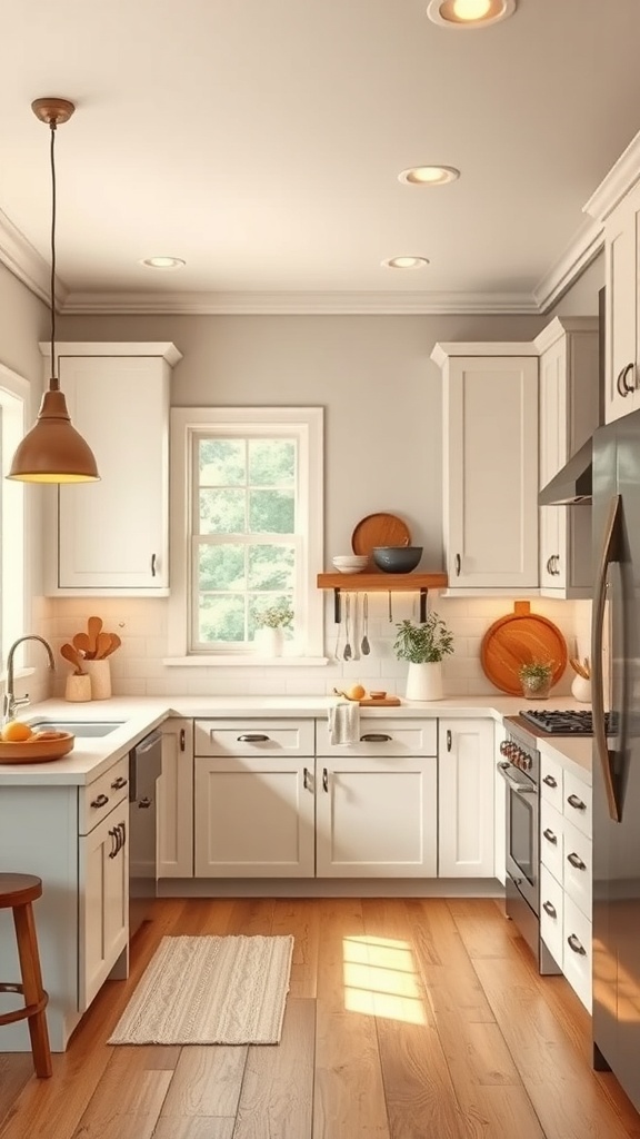 A cozy modern farmhouse kitchen with white cabinets, wooden accents, and natural light.