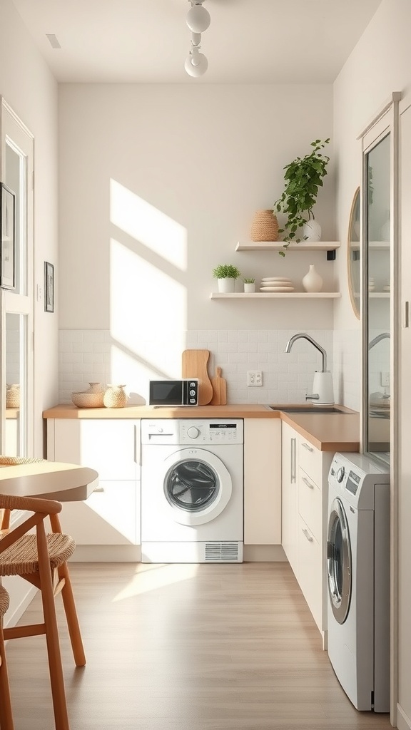 A bright, modern kitchen with a laundry area, featuring a compact kitchen island, wall-mounted shelves, and a light color palette.
