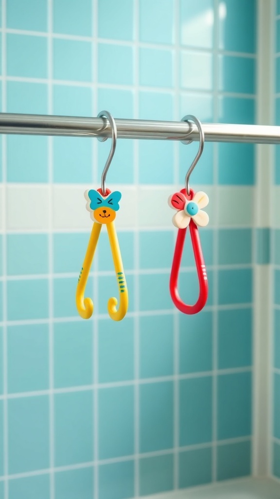 Colorful shower hooks featuring a butterfly and a flower design hanging on a shower rod.
