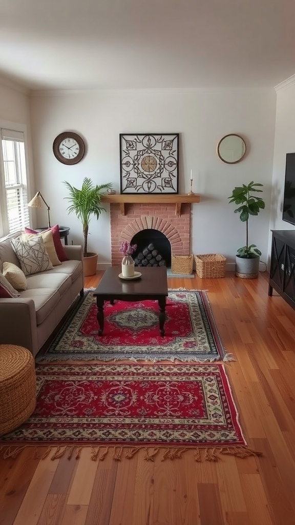 A cozy living room featuring layered rugs on a wooden floor, with a sofa, coffee table, and decorative elements.
