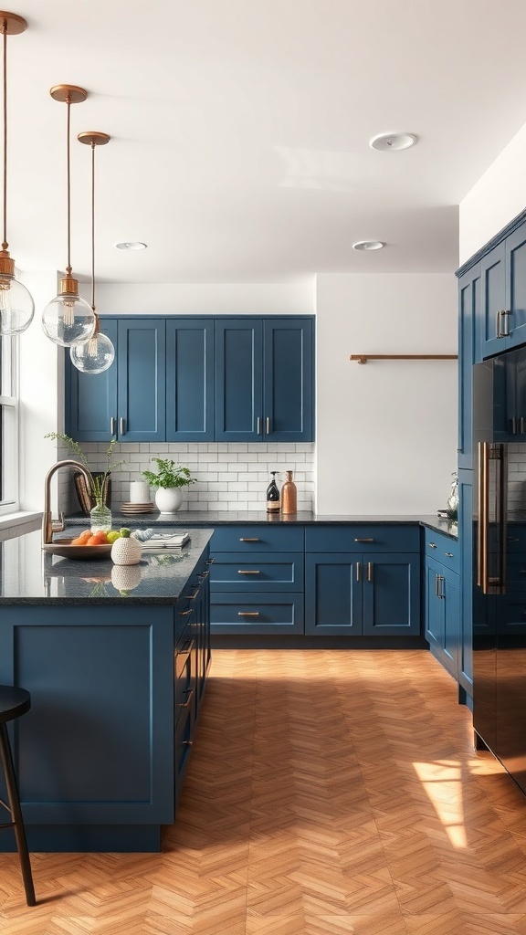 Modern kitchen with navy blue cabinets and black accents
