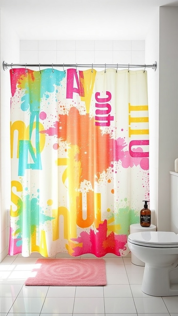 A colorful shower curtain with splashes of pink, yellow, and blue in a bright bathroom setting.