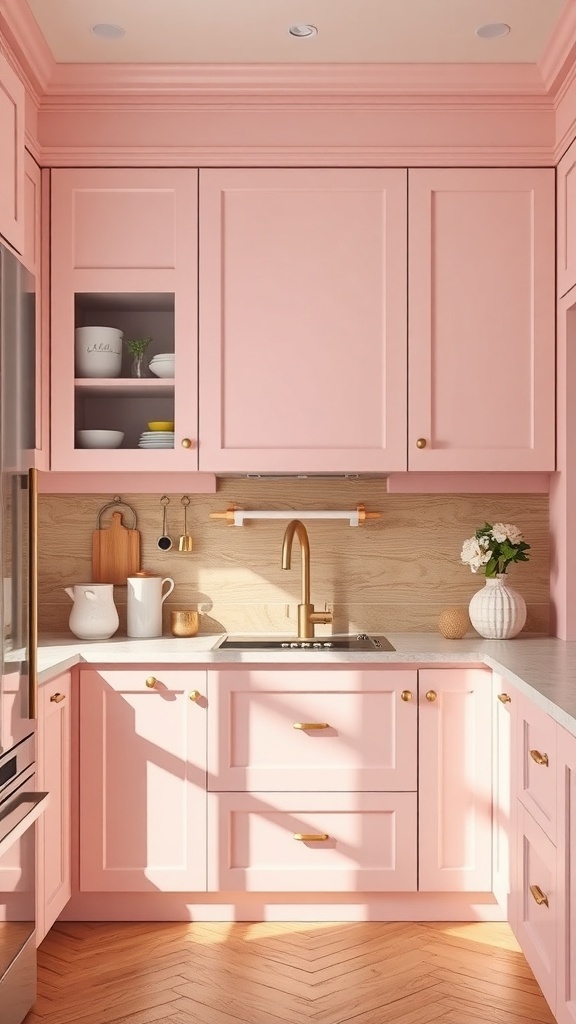 A cozy pink kitchen featuring pink cabinets, wooden accents, and stylish decor.