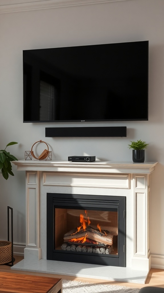 A modern living room with a TV mounted above a fireplace, featuring a cozy setup.