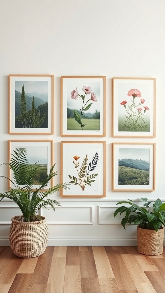 Gallery wall with nature-inspired artwork and potted plants