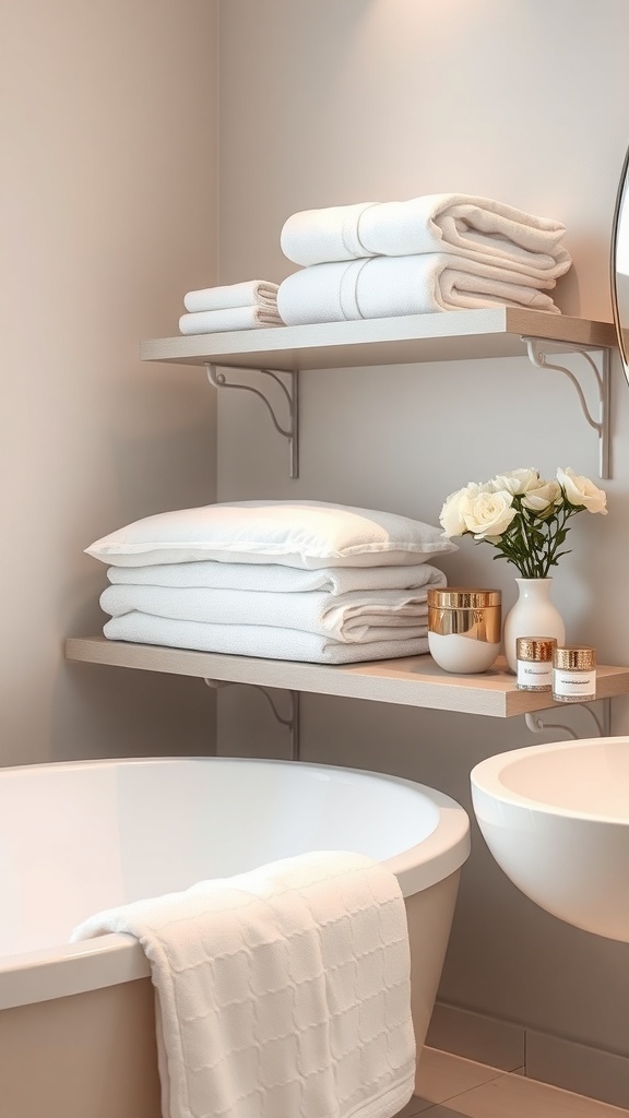 A modern bathroom featuring neatly stacked white towels on shelves, a white bath mat, and a vase of flowers.