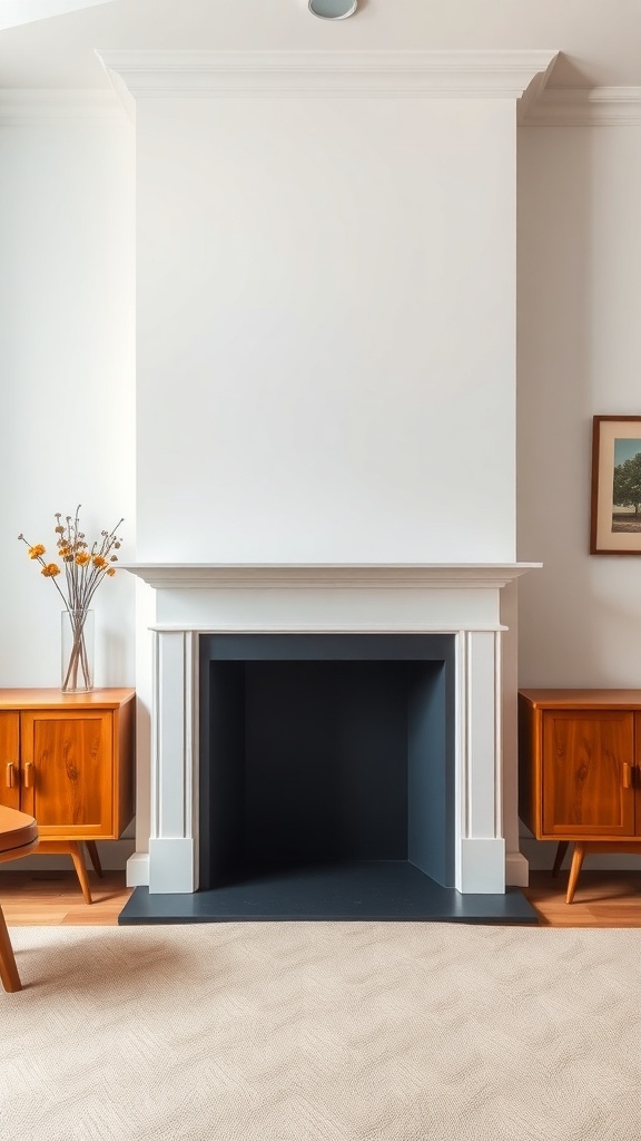 Mid-century modern fireplace with a white mantel and black interior, surrounded by wooden furniture.