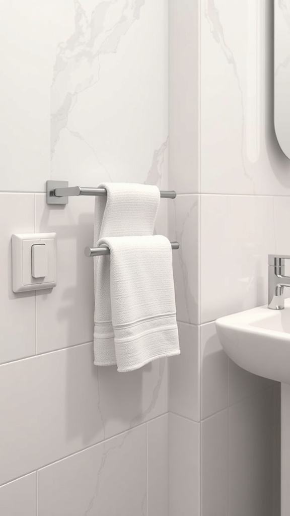 A modern bathroom towel holder with white towels on a marble wall.