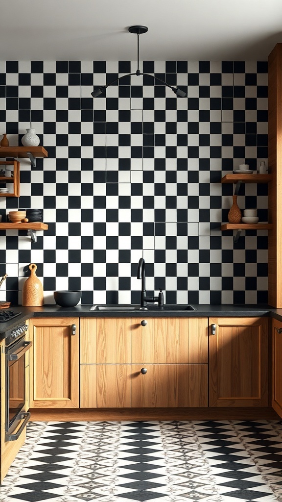 A kitchen featuring a bold black and white checkerboard backsplash with wooden cabinets and modern fixtures.