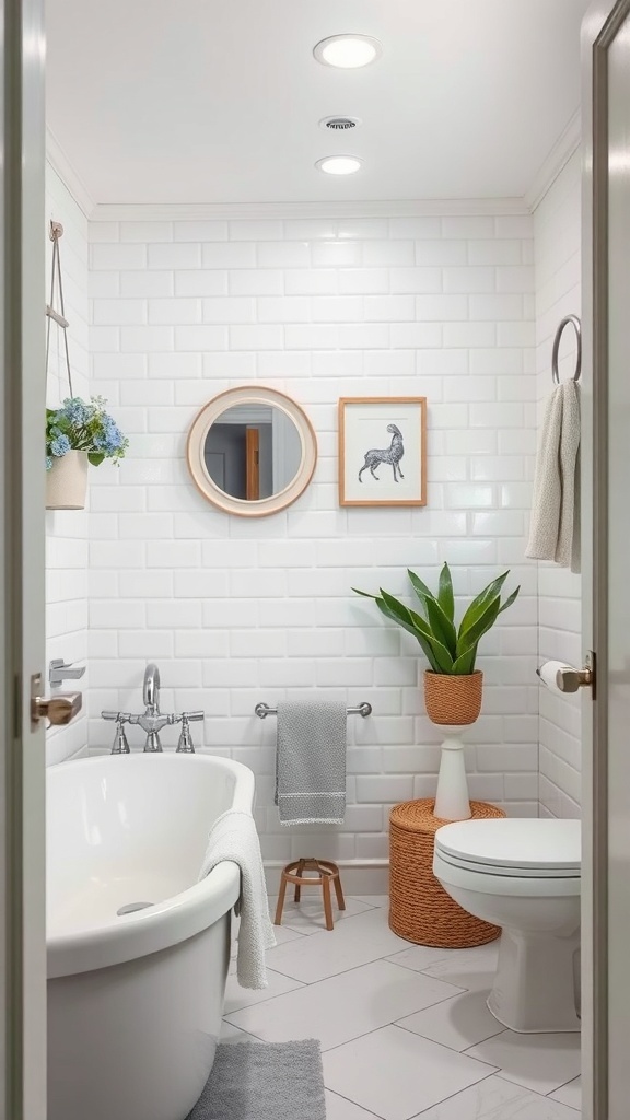 A stylish bathroom featuring white subway tiles, a grey towel, a round mirror, and a green plant.