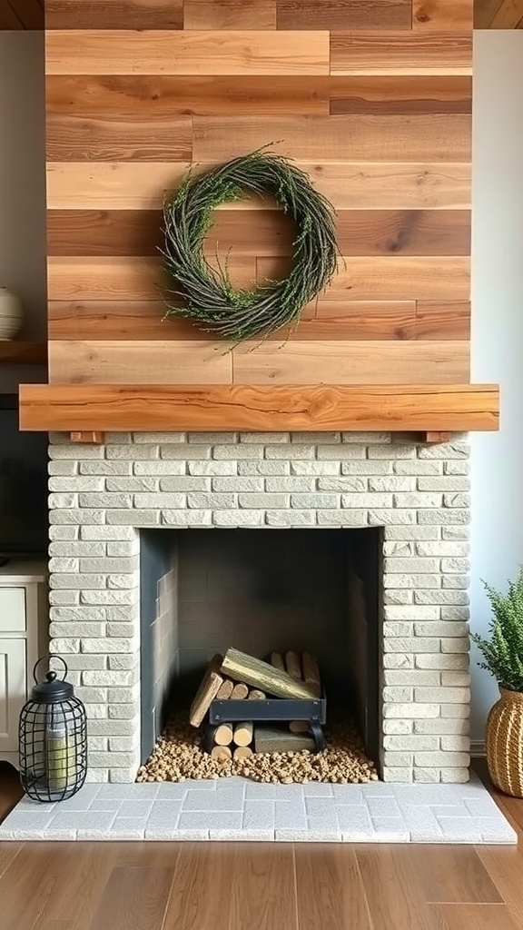 A cozy farmhouse living room fireplace with reclaimed wood accents and a wreath above it.