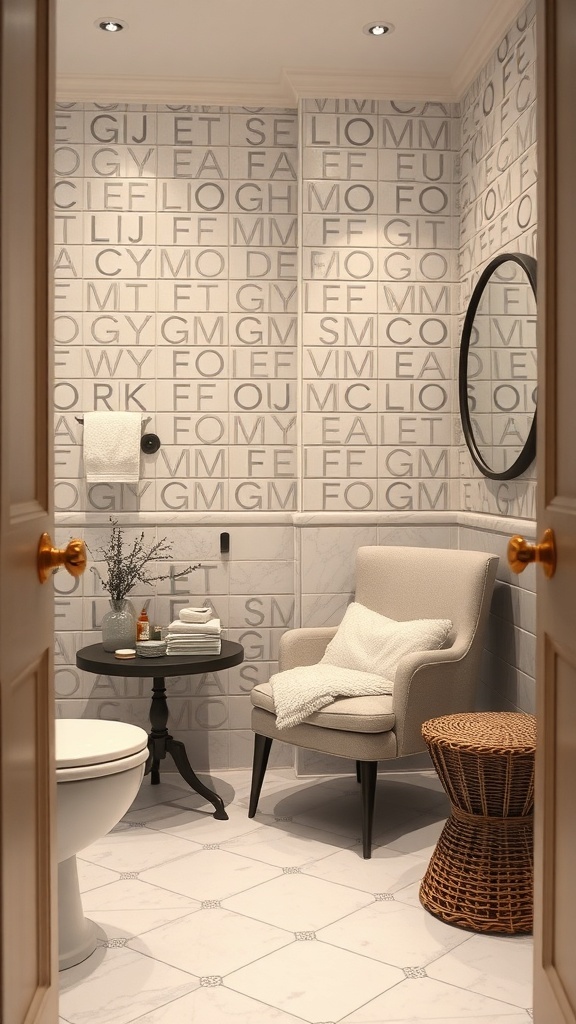 A cozy bathroom seating area with a chair, small table, and decorative elements.
