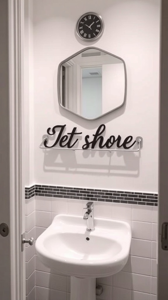 A bathroom with a personalized name sign that reads 'Jet shore', a mirror, and a clock on the wall.