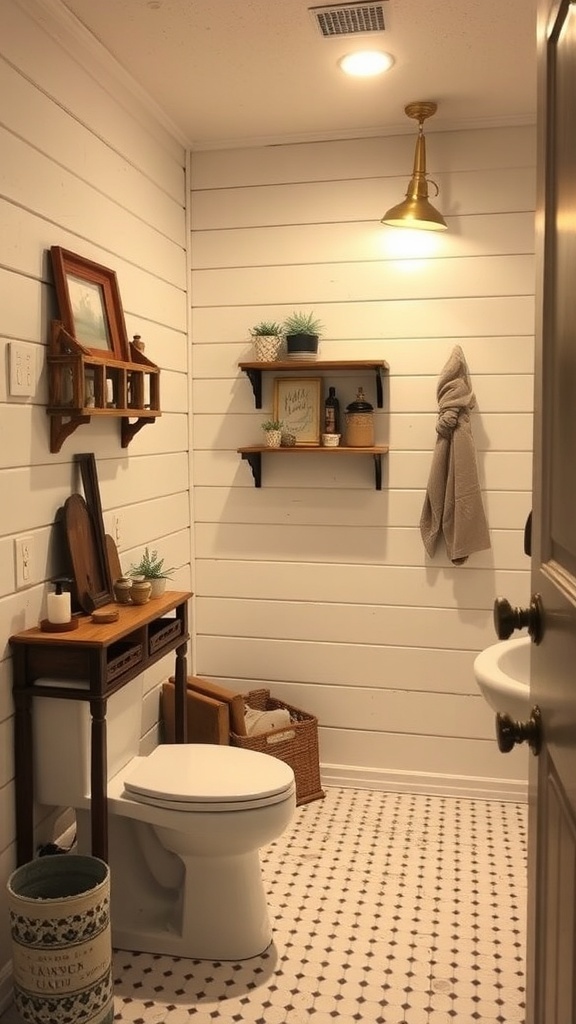 A rustic farmhouse bathroom with shiplap walls, wooden shelves, and cozy decor.