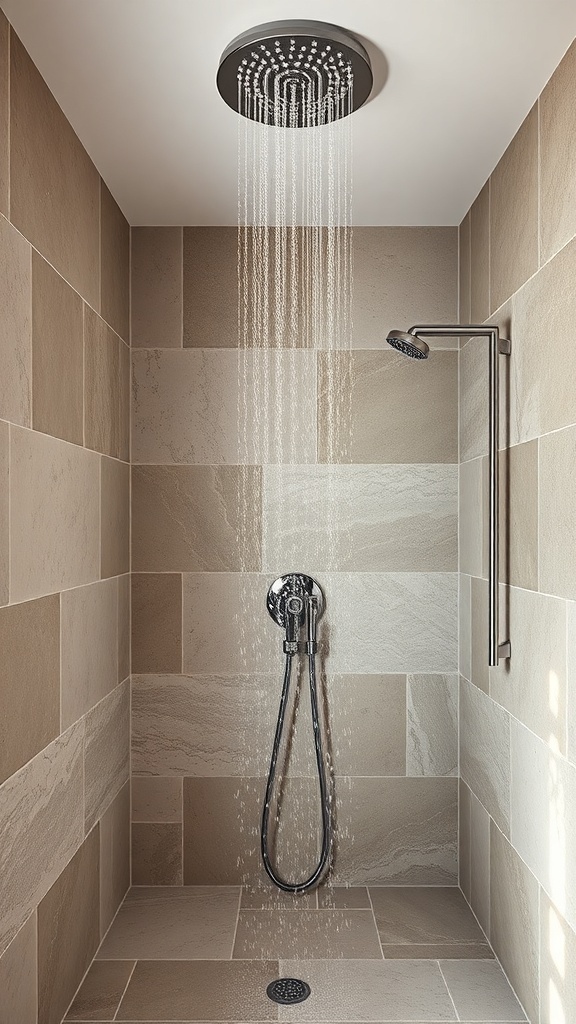Modern shower design with overhead and handheld shower heads in a tiled enclosure
