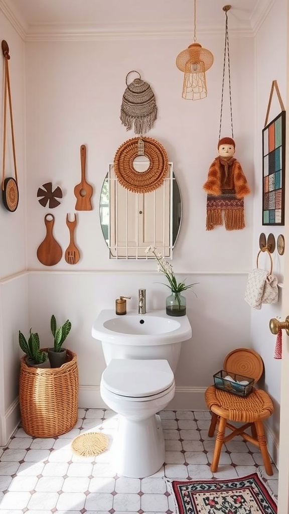 A bohemian bathroom with personalized decor elements including woven wall hangings, wooden utensils, plants, and a round mirror.