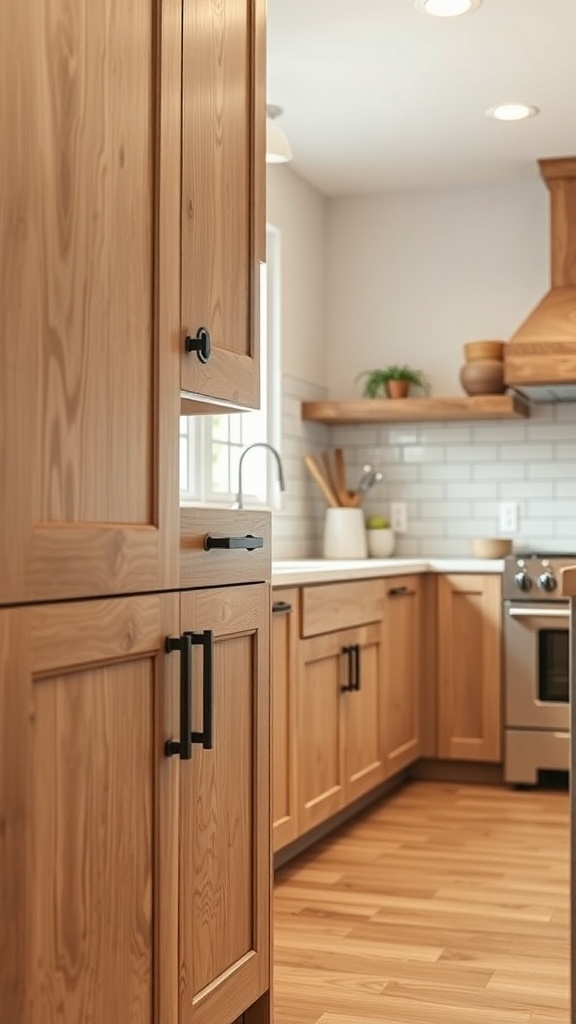 Modern farmhouse kitchen with wooden cabinets and black hardware