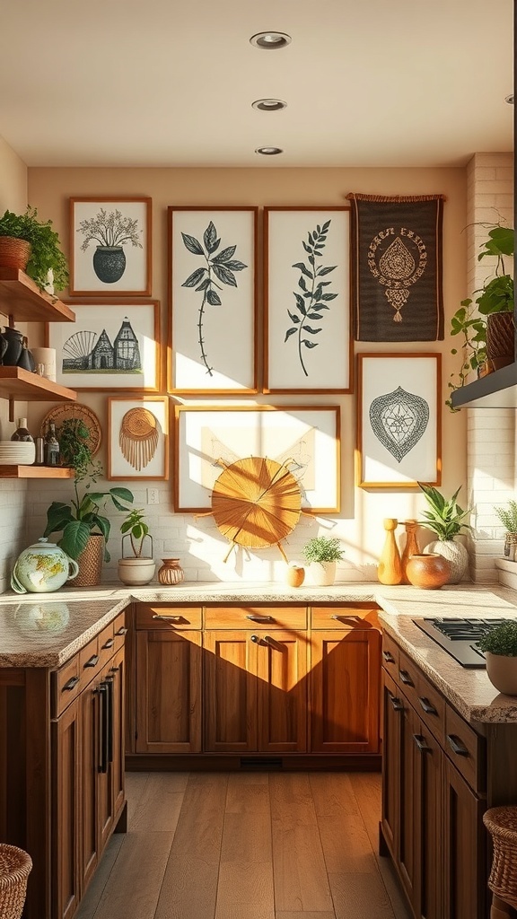 A cozy boho kitchen with artistic wall art displays featuring botanical prints and woven textiles.