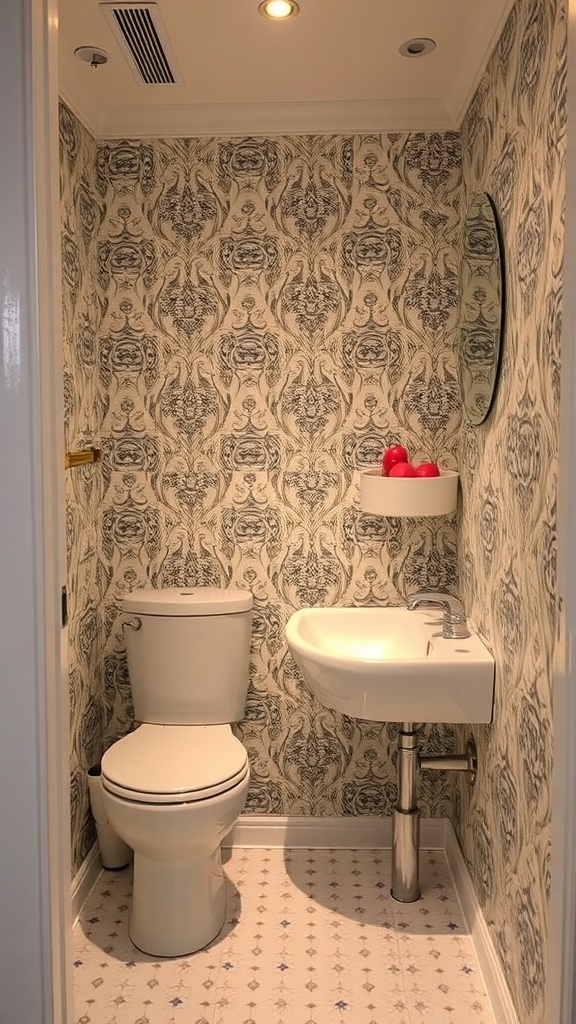 A small bathroom with patterned wallpaper, a round mirror, and a decorative bowl.