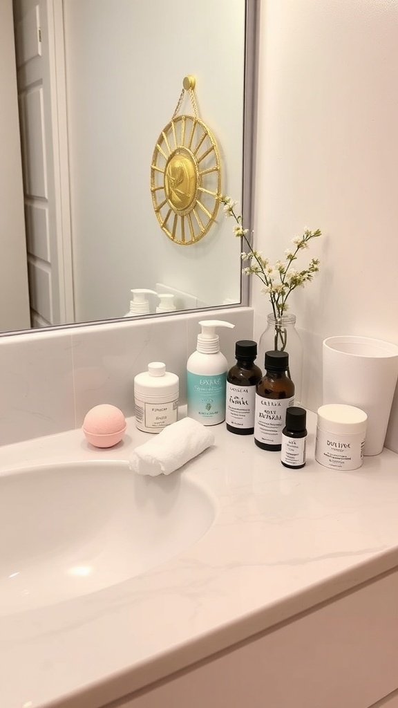 A bathroom countertop displaying various wellness products including skincare bottles, a bath bomb, and a small flower arrangement.