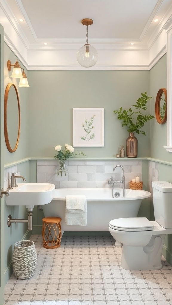 A beautifully decorated bathroom featuring sage green walls, white fixtures, and natural elements.