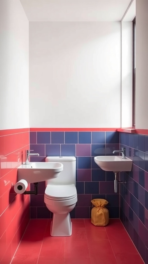 A modern bathroom with color-blocked walls featuring red and blue tiles.