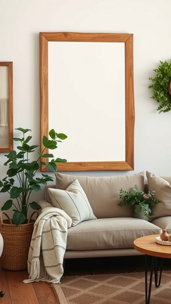 A living room featuring a large wooden-framed mirror, surrounded by plants and a cozy sofa.
