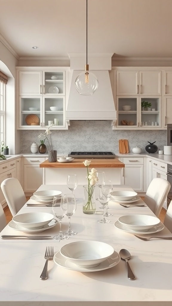 A stylish dining table set in a modern kitchen with white cabinets and a marble countertop.
