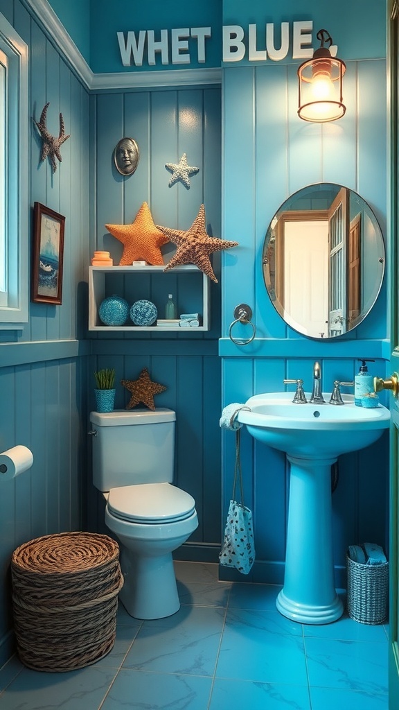 A small bathroom with blue paneling, starfish decorations, and a round mirror.
