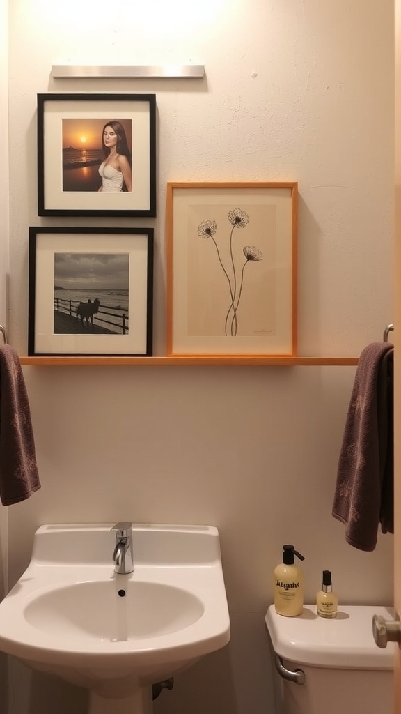Bathroom shelf with framed art and decorative pieces