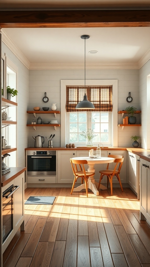 A charming breakfast nook with a round table and wooden chairs, surrounded by natural light and simple decor.