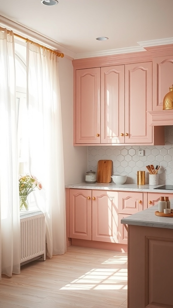 A cozy kitchen featuring soft pink curtains and pink cabinets, creating a warm atmosphere.