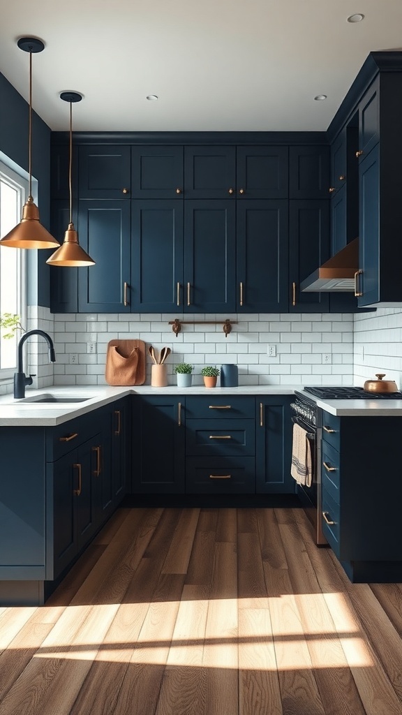 A modern kitchen featuring dark blue cabinets with brass fixtures and a white subway tile backsplash.