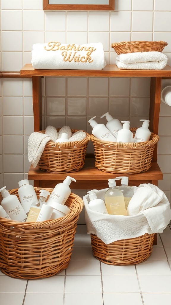 Baskets filled with bathing essentials and towels on a shelf in a bathroom.