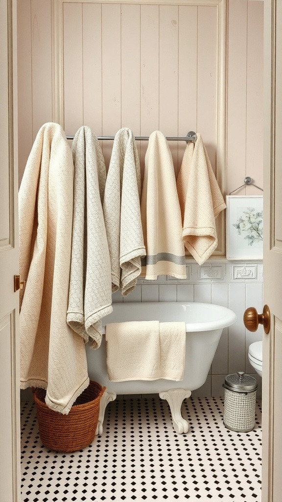 A vintage bathroom with soft, textured towels hanging on a rack, a clawfoot tub, and pastel pink walls.