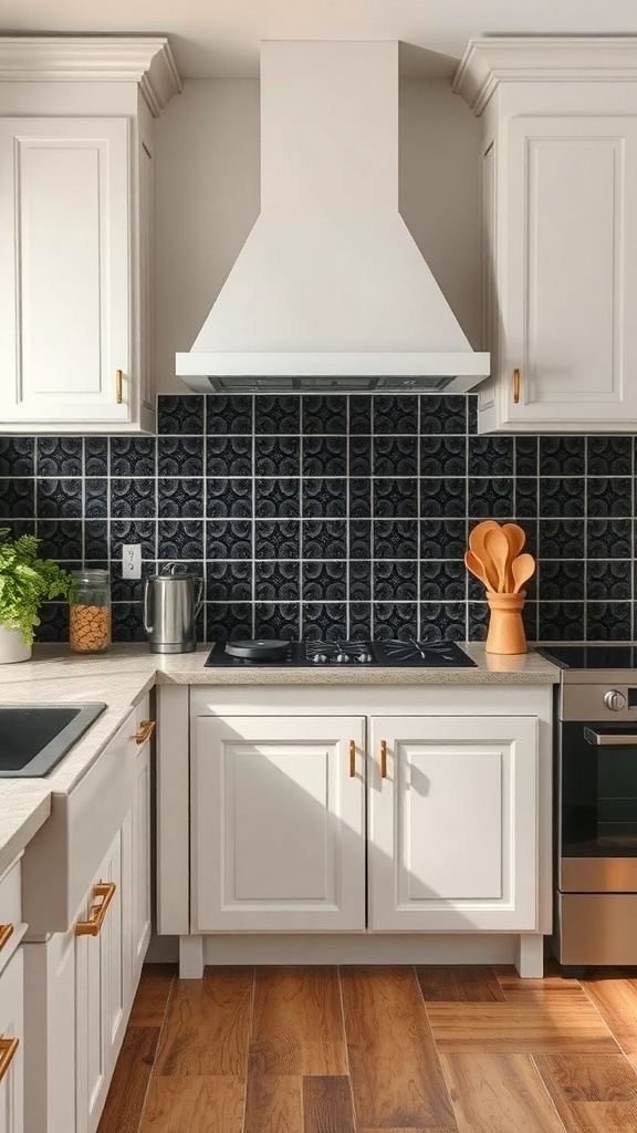 A kitchen featuring vintage black tin tiles as a backsplash, with white cabinets and wooden flooring.