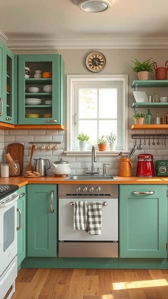 A vintage-style kitchen featuring soft green cabinets, wooden countertops, and open shelving with plants and dishware.