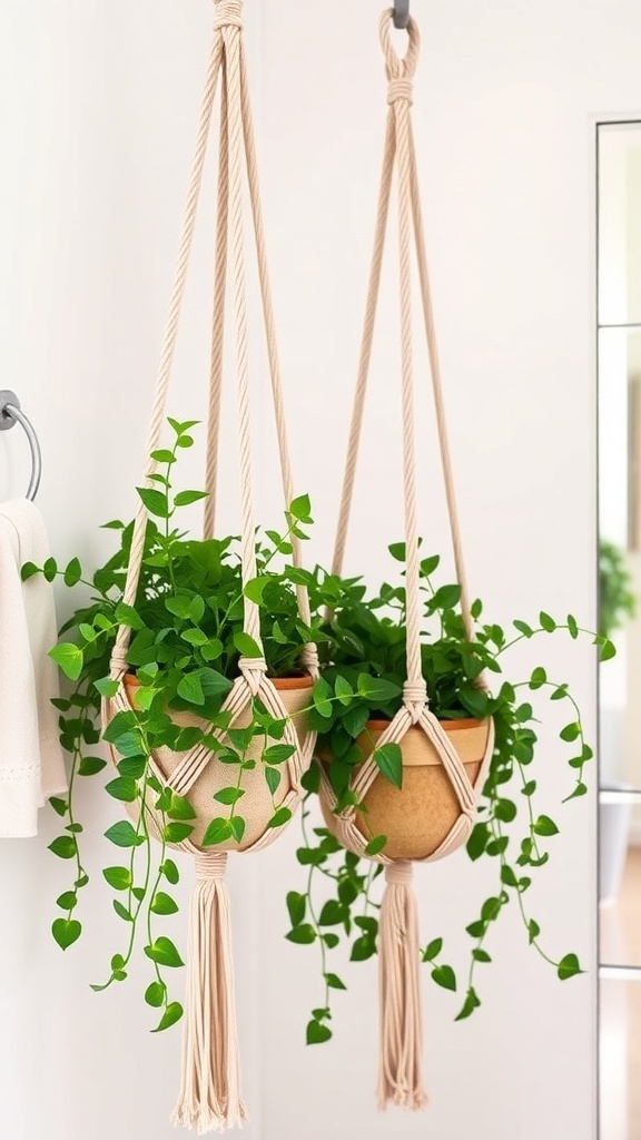Two hanging macrame planters with green plants in a bright bathroom