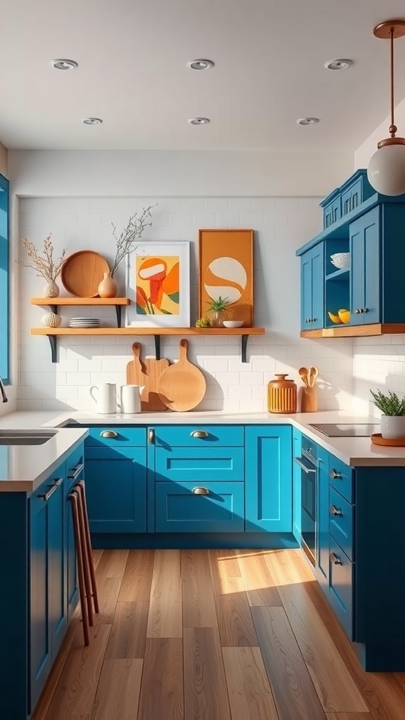 A modern kitchen featuring vibrant blue cabinets, wooden accents, and artistic decor.