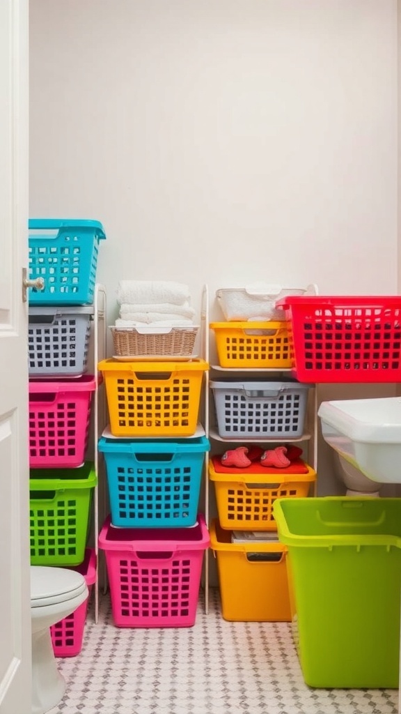 Colorful storage baskets in a bathroom, organized and stacked for easy access.