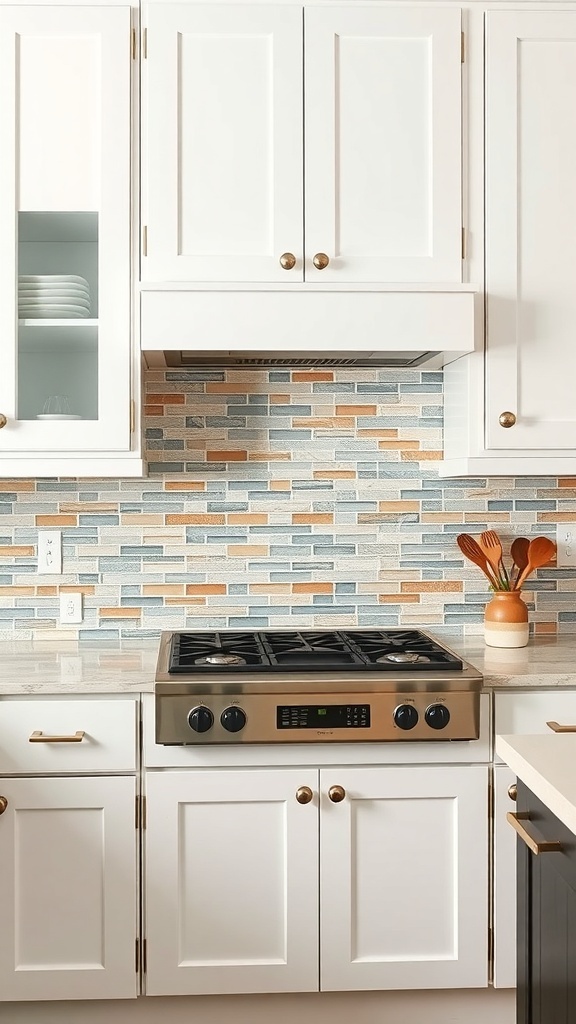 Kitchen with white shaker cabinets and a colorful backsplash