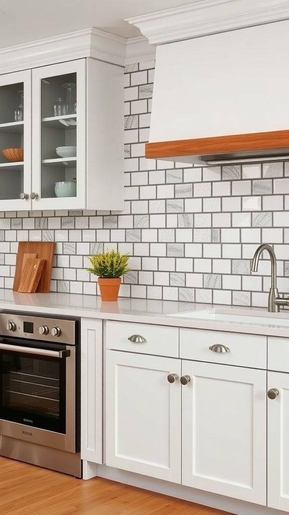 A modern kitchen featuring a black and white tile backsplash with white cabinets and wooden accents.