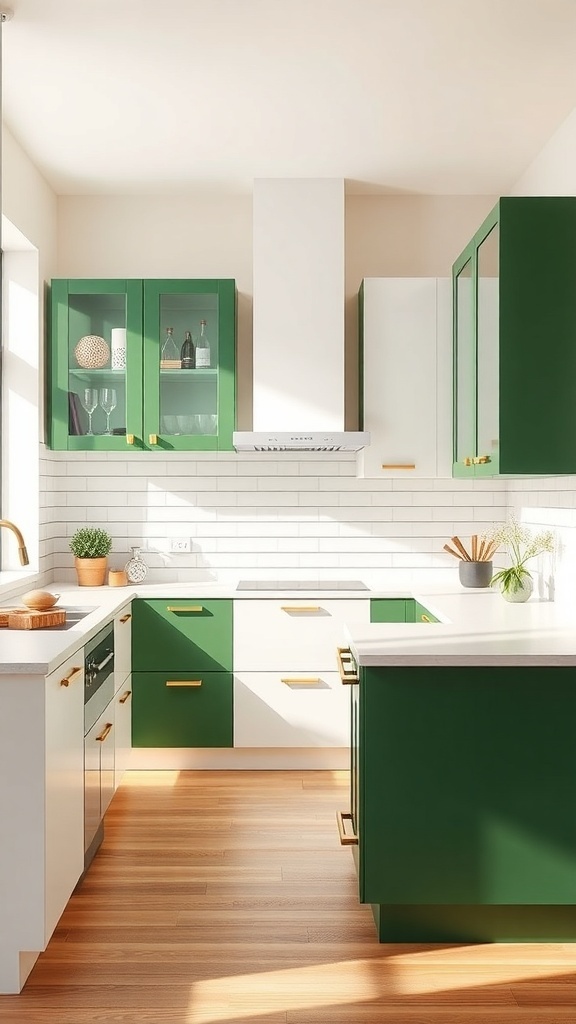 Modern kitchen featuring two-tone green and white cabinets with wooden accents.