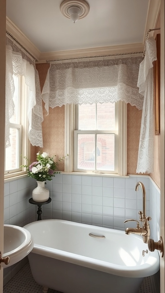 A vintage bathroom featuring lace curtains, a freestanding bathtub, and a floral arrangement.