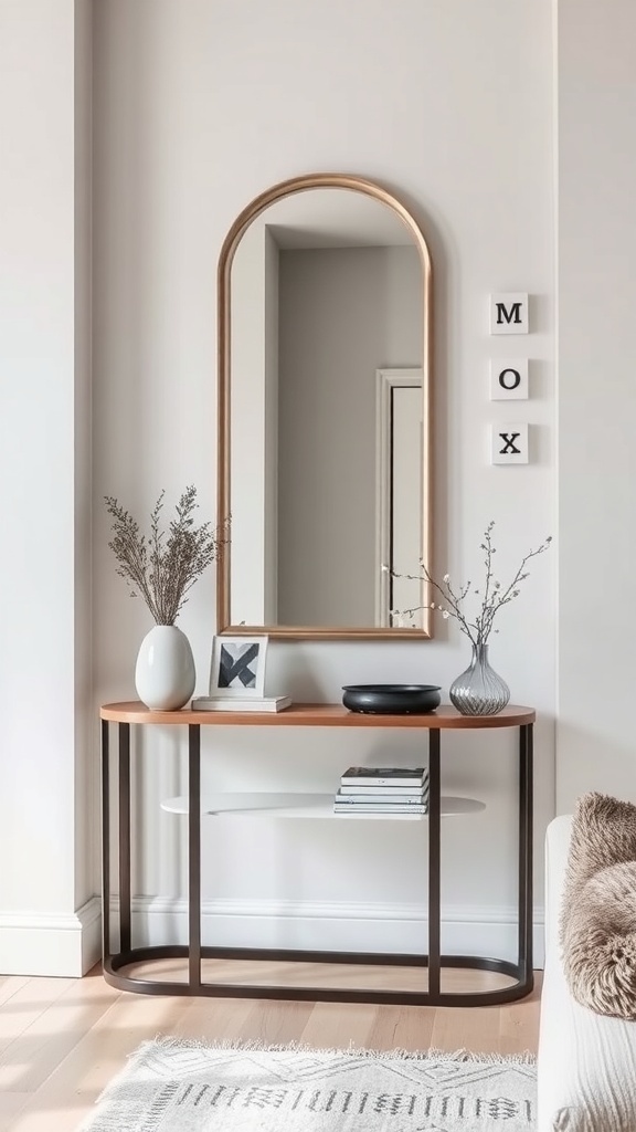 A stylish living room setup featuring a curved accent mirror above a modern console table with decorative items.