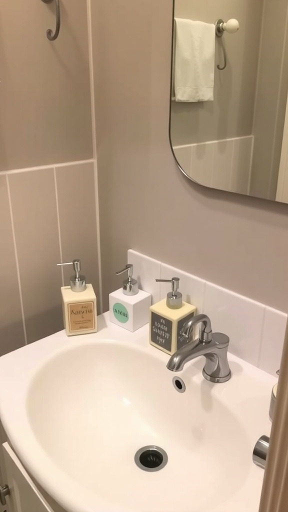 A small bathroom sink with three handmade soap dispensers in soft colors.