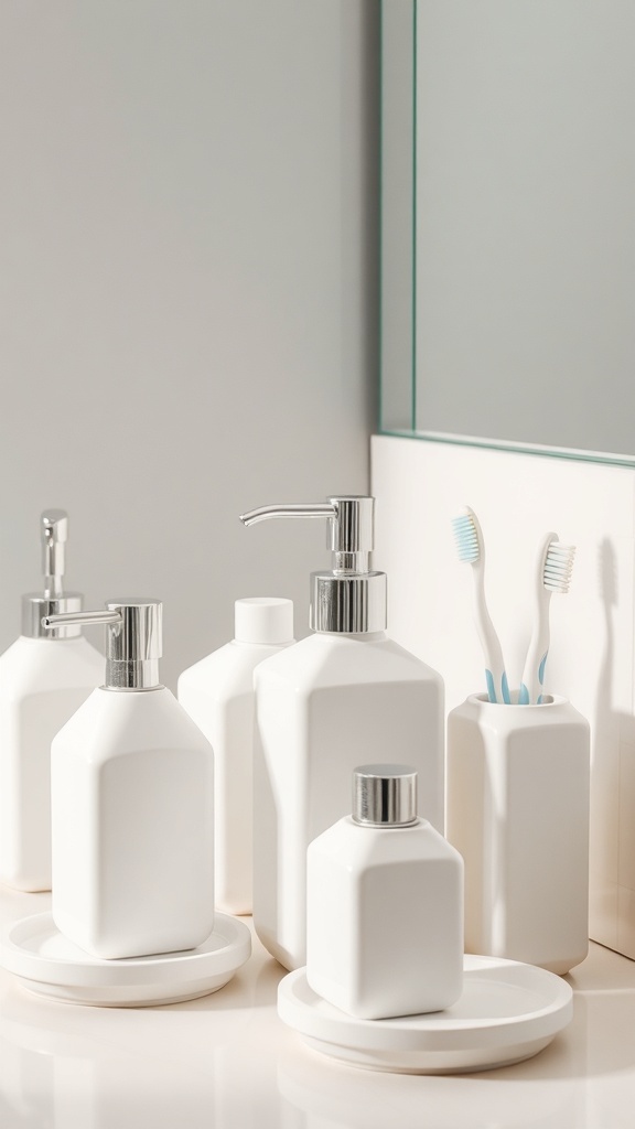 A collection of white bathroom accessories including a soap dispenser, bottles, and a toothbrush holder.