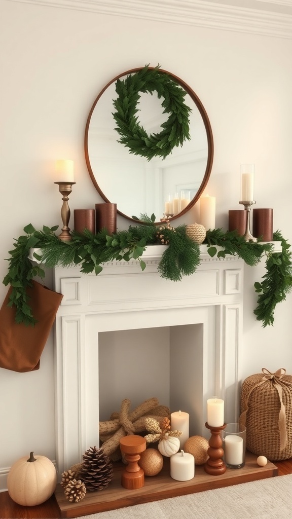 A modern farmhouse mantel decorated with a mirror, wreath, candles, and natural elements.