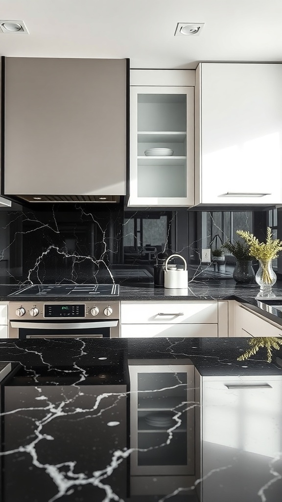 Modern kitchen featuring black onyx backsplash and countertops with sleek cabinetry.