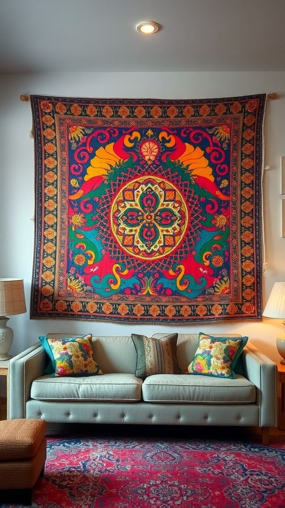 A colorful tapestry hangs above a light-colored couch, adding texture and vibrancy to the room.